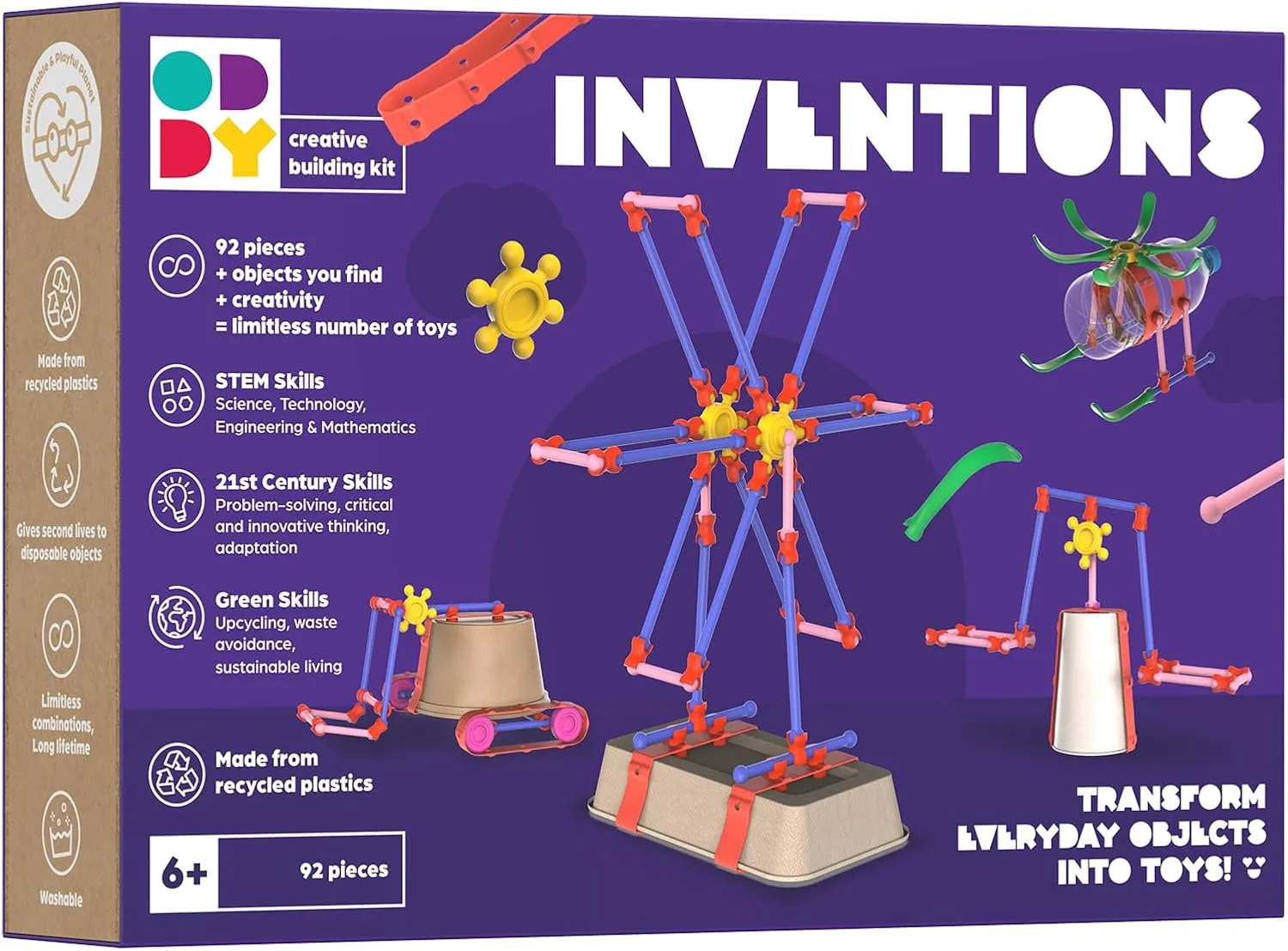 Oddy Inventions 92 Piece Creative Building Kit - Eco-Friendly STEM Toy Set for Kids 6 