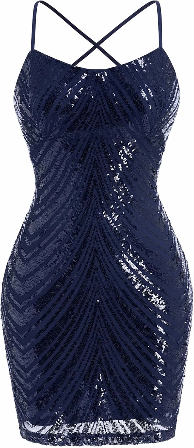 ODIZLI Women's Spaghetti Straps Sparkly Sequins Bodycon Mini Dress Party Nightclub
