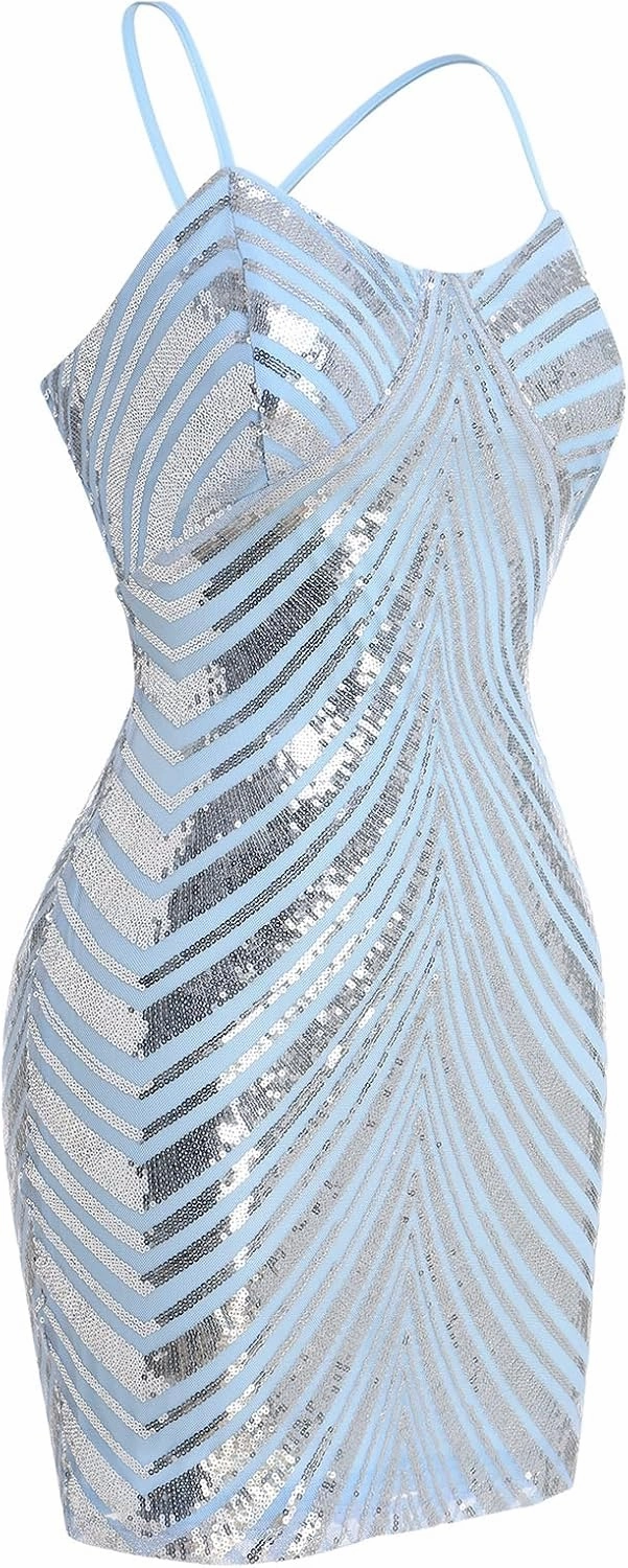 ODIZLI Women's Spaghetti Straps Sparkly Sequins Bodycon Mini Dress Party Nightclub