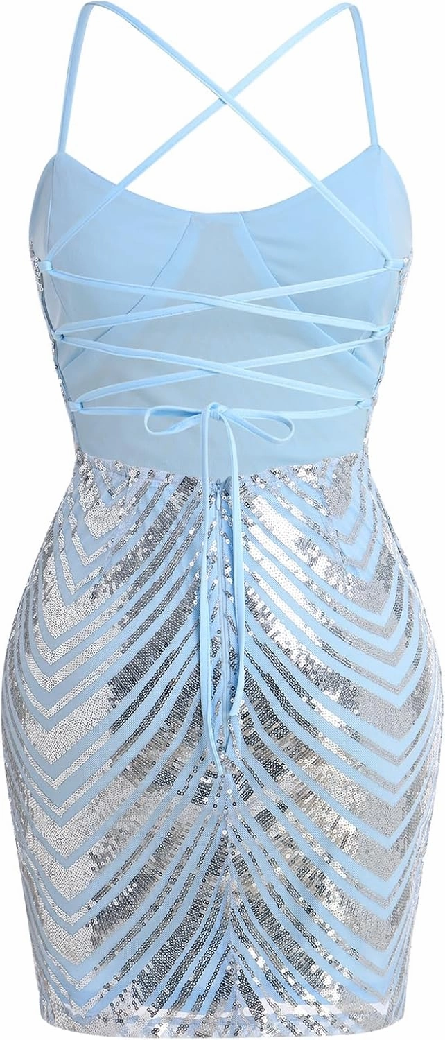 ODIZLI Women's Spaghetti Straps Sparkly Sequins Bodycon Mini Dress Party Nightclub