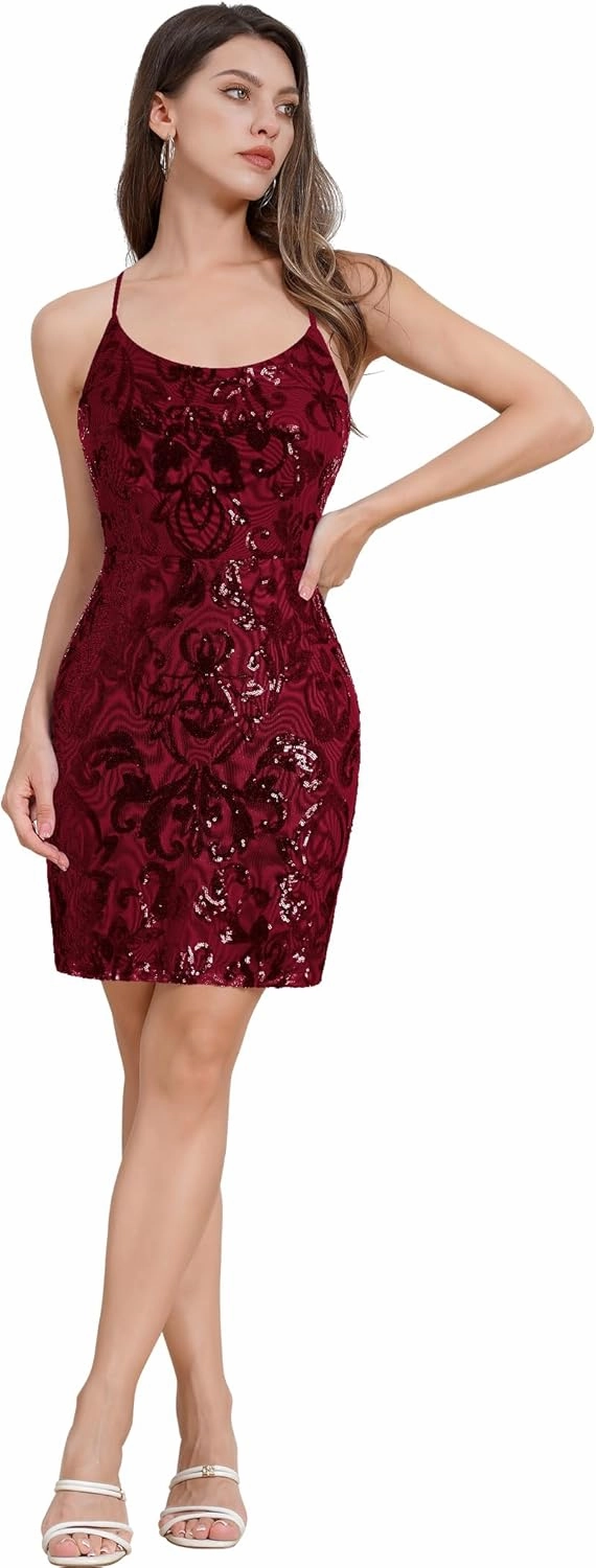 ODIZLI Women's Spaghetti Straps Sparkly Sequins Bodycon Mini Dress Party Nightclub