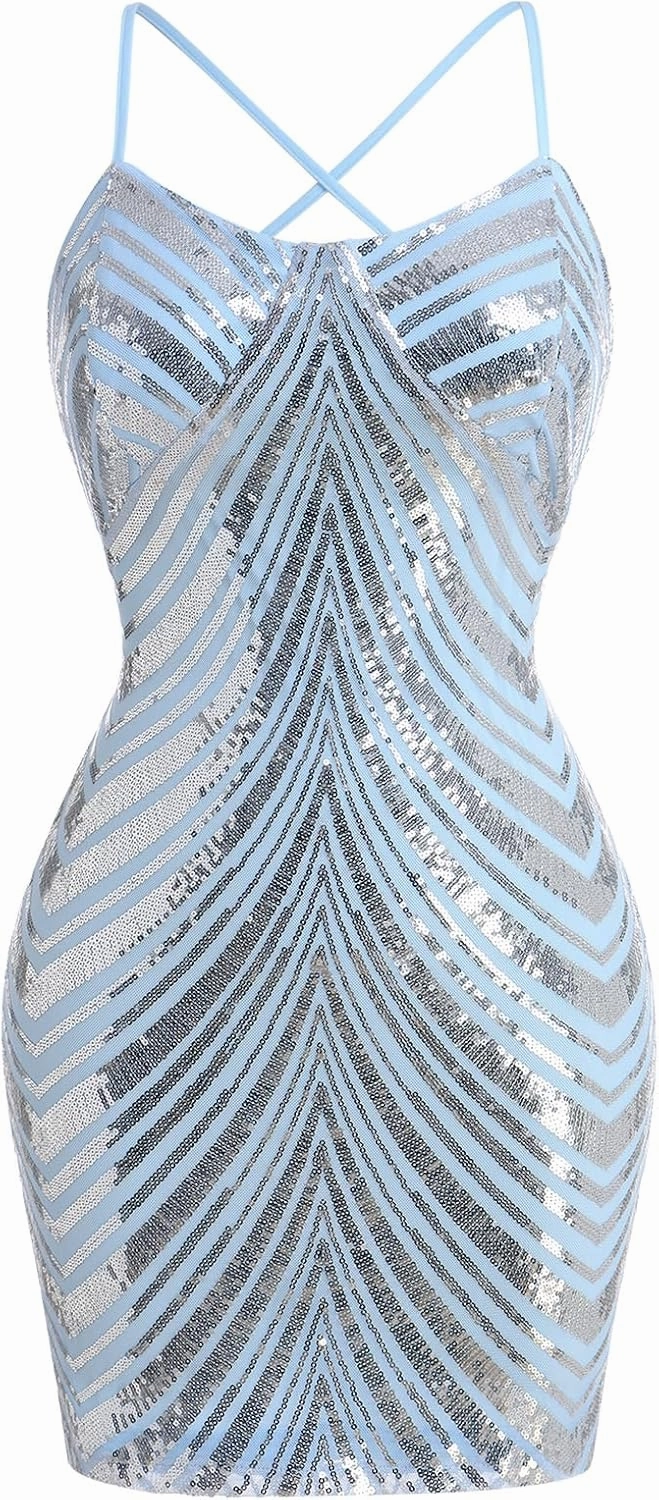 ODIZLI Women's Spaghetti Straps Sparkly Sequins Bodycon Mini Dress Party Nightclub
