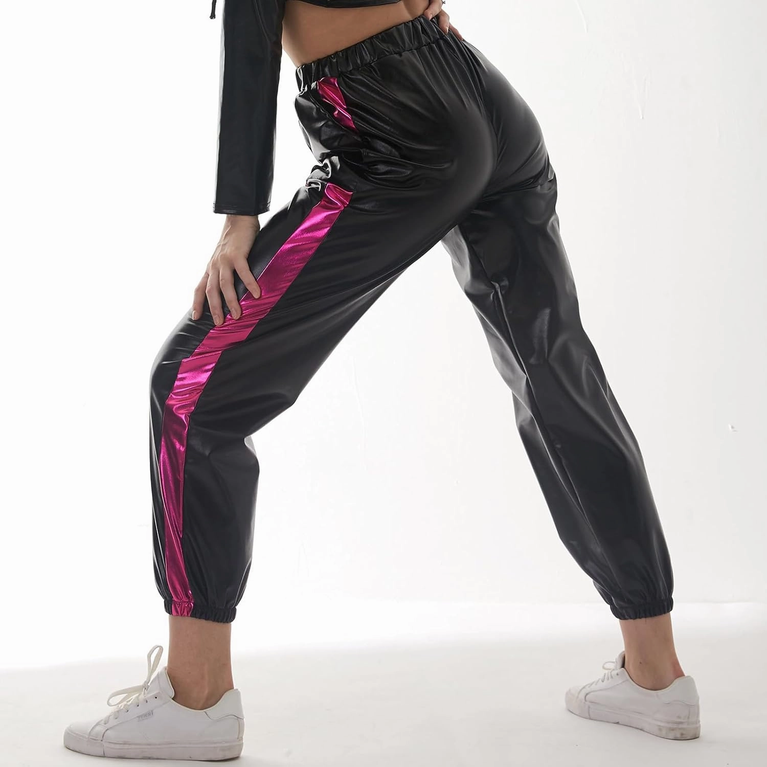 ODIZLI Womens Shiny Metallic High Waist Stretchy Jogger Pants Holographic Hip Hop Club Wear Streetwear