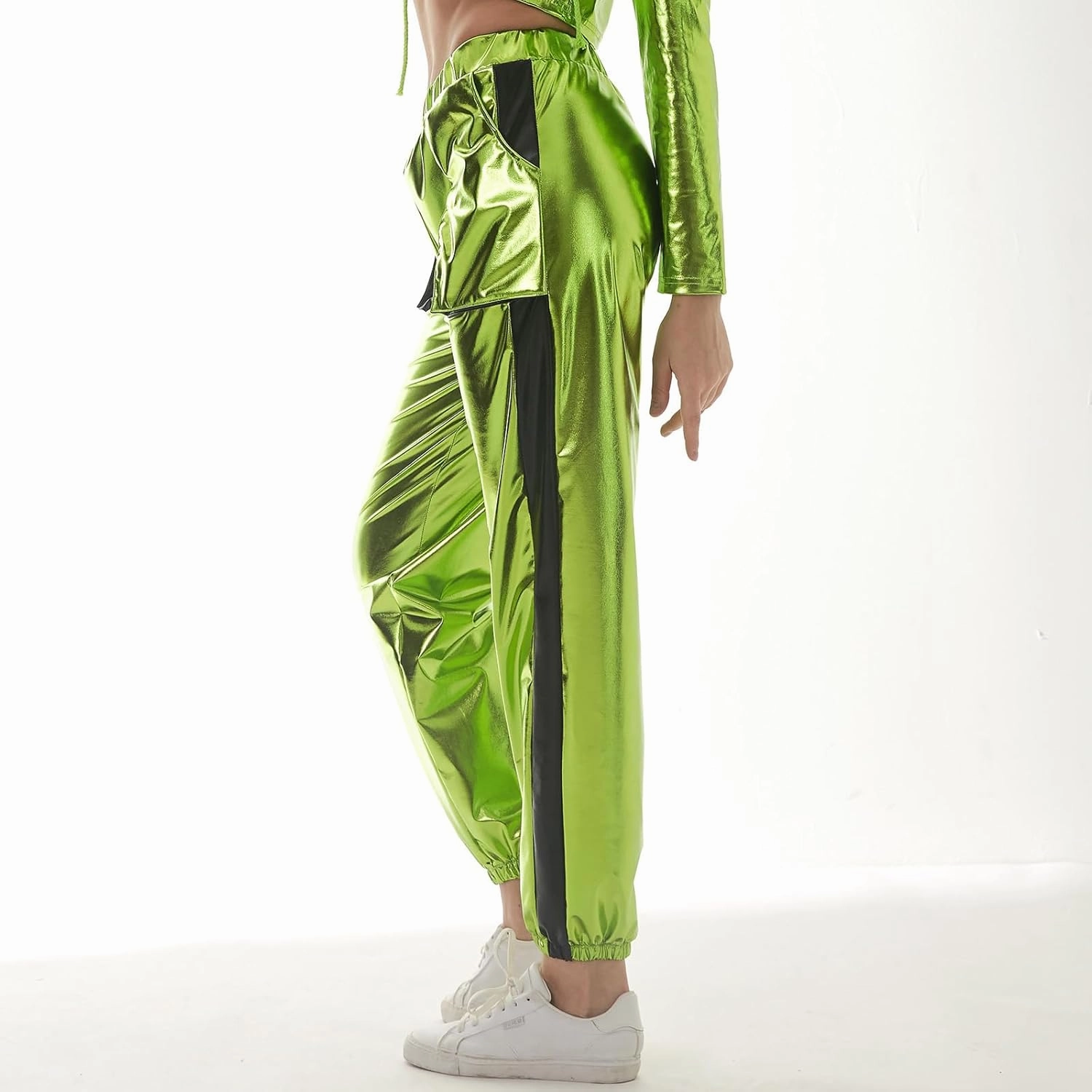 ODIZLI Womens Shiny Metallic High Waist Stretchy Jogger Pants Holographic Hip Hop Club Wear Streetwear