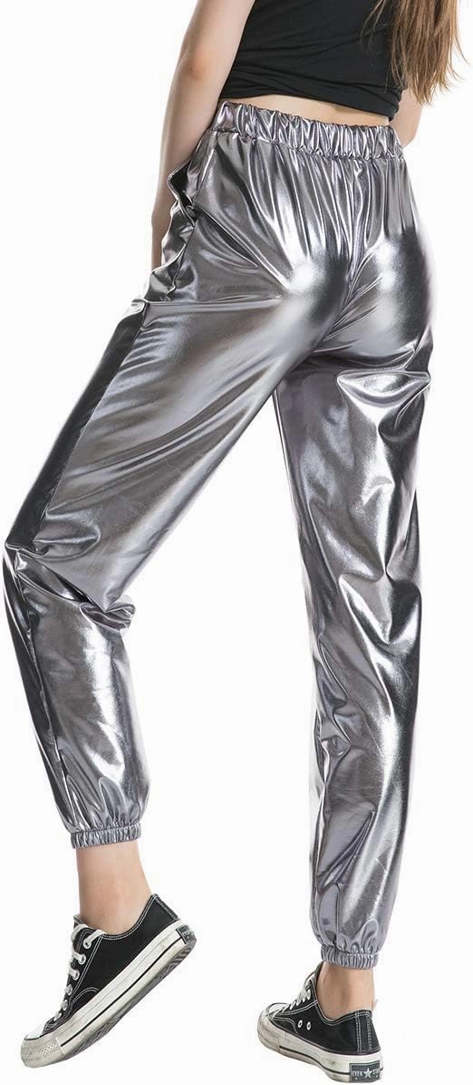 ODIZLI Womens Shiny Metallic High Waist Stretchy Jogger Pants Holographic Hip Hop Club Wear Streetwear