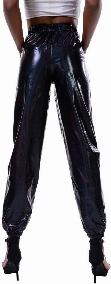 ODIZLI Womens Shiny Metallic High Waist Stretchy Jogger Pants Holographic Hip Hop Club Wear Streetwear