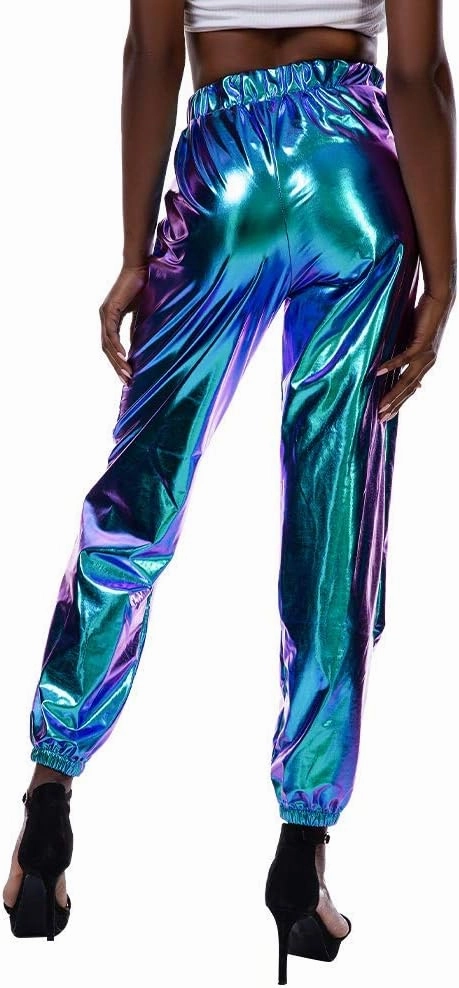 ODIZLI Womens Shiny Metallic High Waist Stretchy Jogger Pants Holographic Hip Hop Club Wear Streetwear