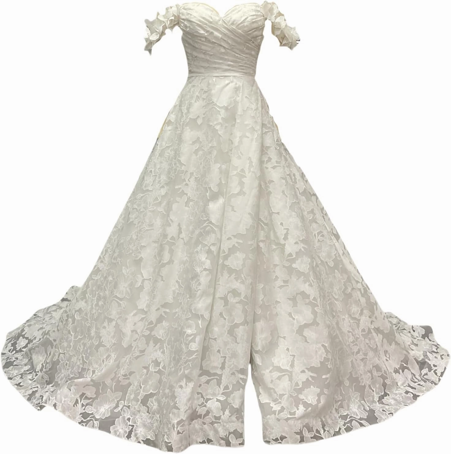 Off-Shoulder Wedding Dress with Floral Lace, A-Line Ball Gown, Cathedral Train,Ivory