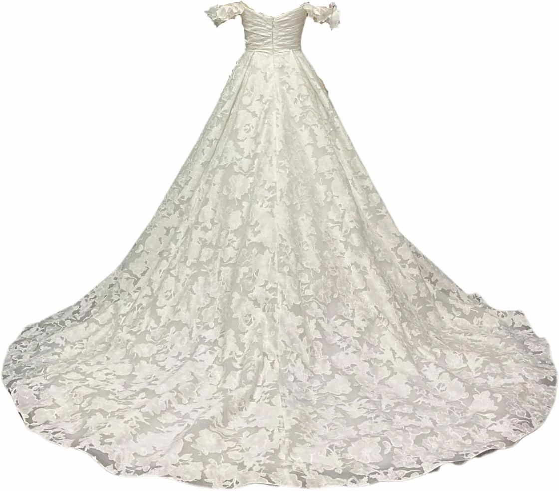 Off-Shoulder Wedding Dress with Floral Lace, A-Line Ball Gown, Cathedral Train,Ivory
