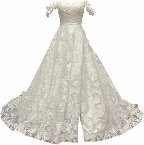Off-Shoulder Wedding Dress with Floral Lace, A-Line Ball Gown, Cathedral Train,Ivory