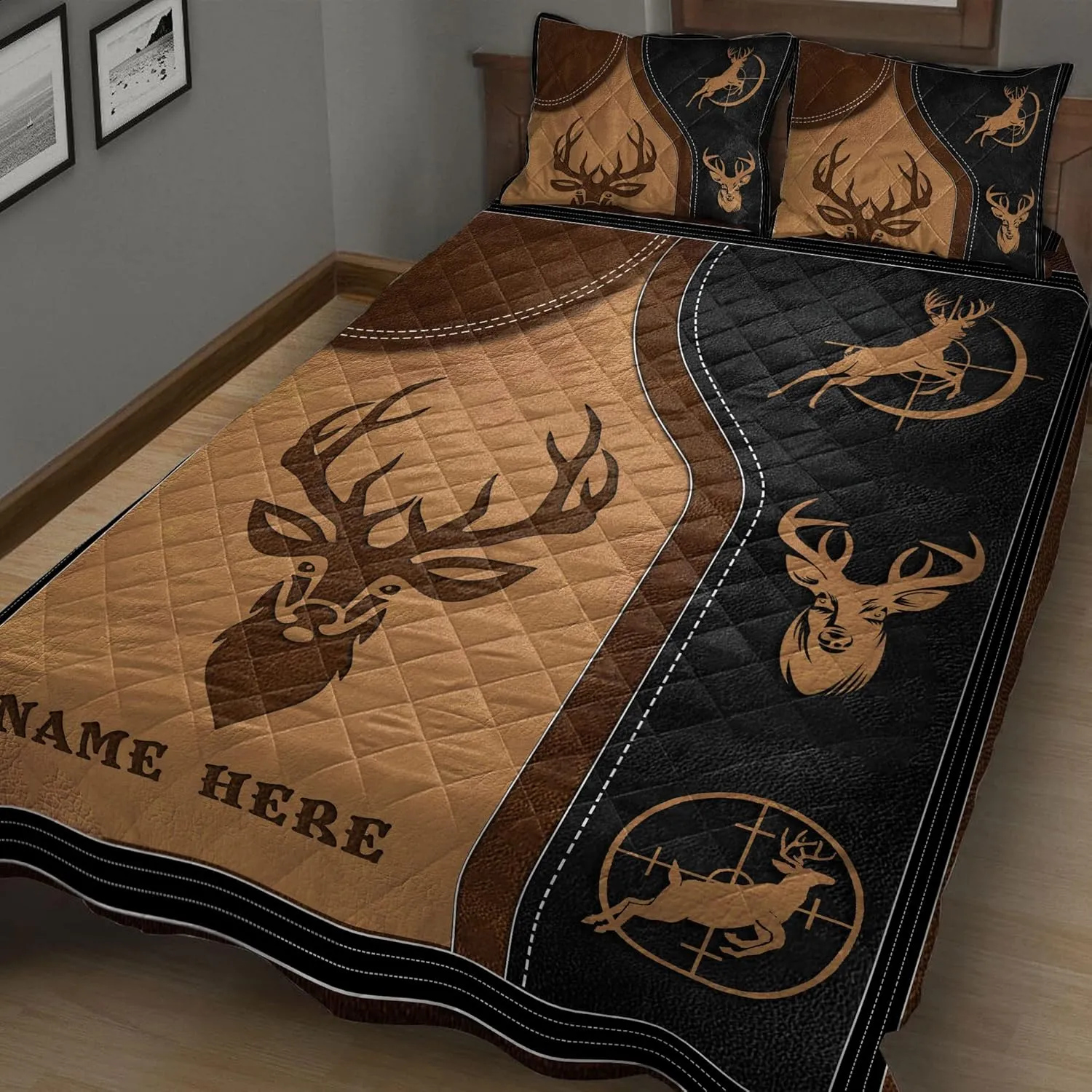 Ohaprints Custom Deer Head Buck Hunting Hunter Vintage Brown Personalized Name Quilt Blanket & Pillowcases, Quilts Bedding Set & Pillow Cover, King Queen Double Twin Throw Full Size Bedspread Bed Sets