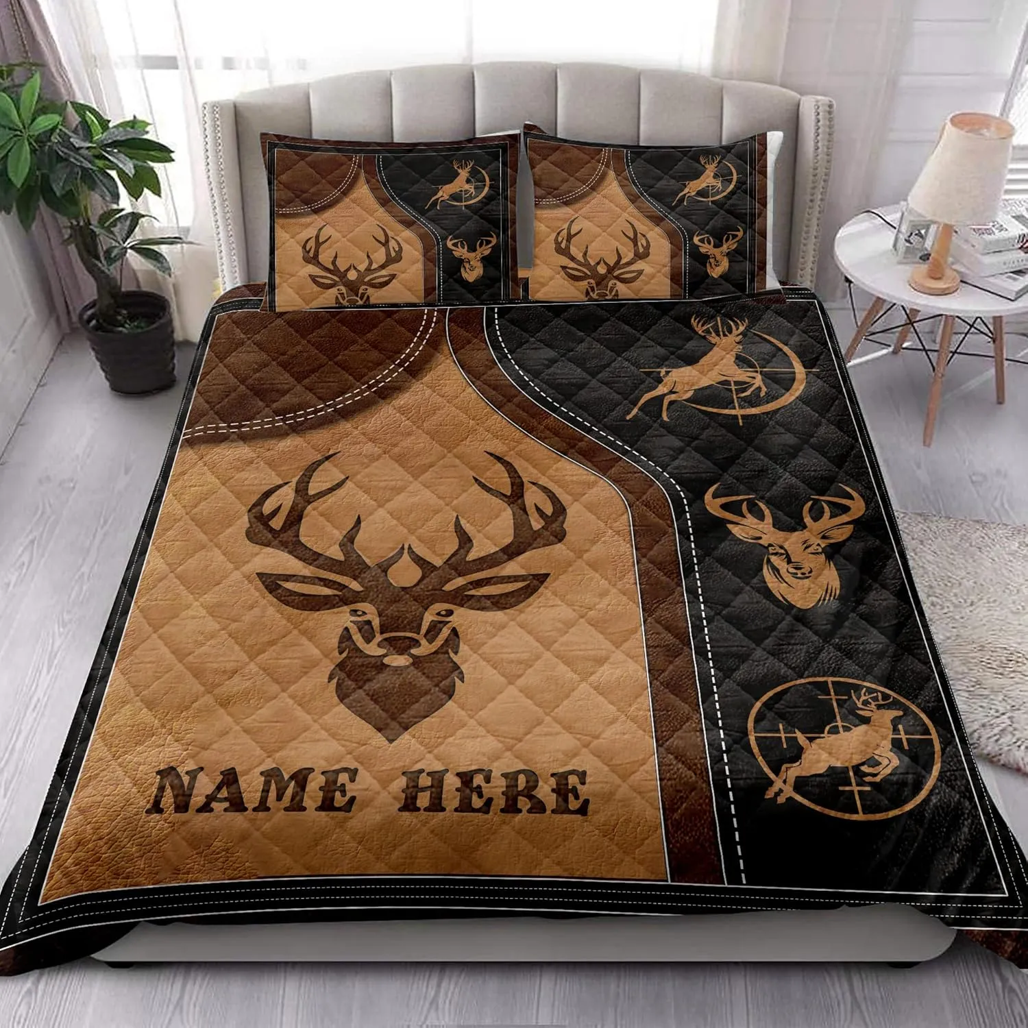 Ohaprints Custom Deer Head Buck Hunting Hunter Vintage Brown Personalized Name Quilt Blanket & Pillowcases, Quilts Bedding Set & Pillow Cover, King Queen Double Twin Throw Full Size Bedspread Bed Sets
