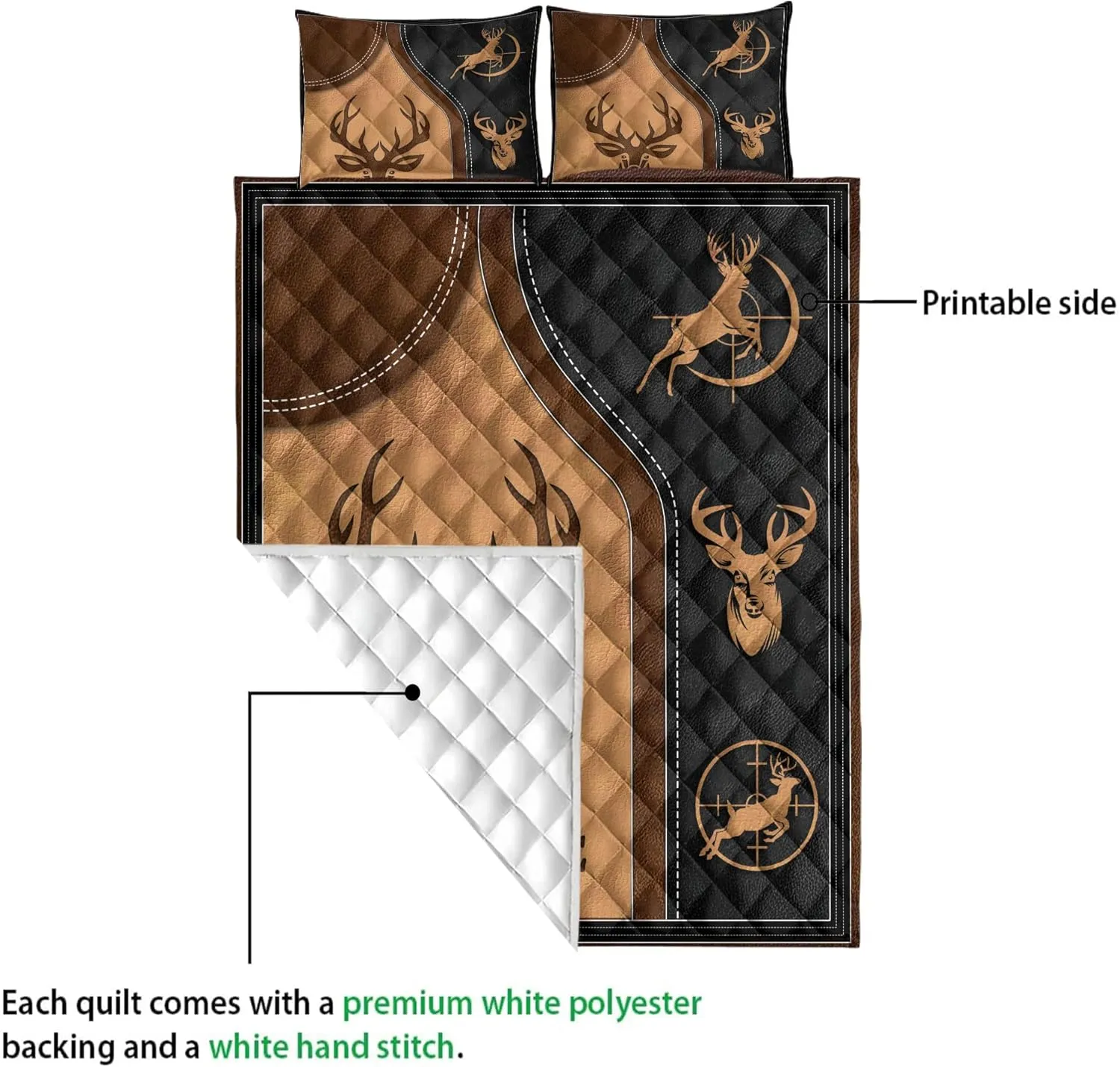 Ohaprints Custom Deer Head Buck Hunting Hunter Vintage Brown Personalized Name Quilt Blanket & Pillowcases, Quilts Bedding Set & Pillow Cover, King Queen Double Twin Throw Full Size Bedspread Bed Sets