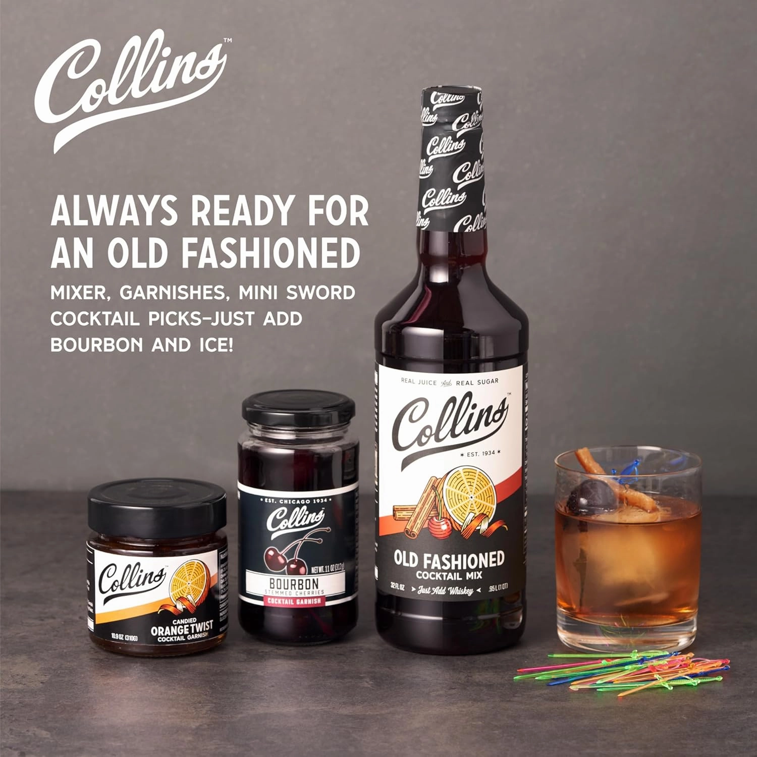 Old Fashioned Kit, Whiskey Cocktail Mix, Orange Garnish, Bourbon Cherries, Drink Picks, Home Bar Accessories, Home Bar Kit, bartender Mixer, Drinking Gifts, Mixology Cocktail kit, Set of 4