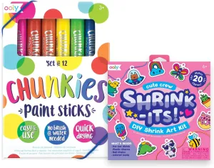 Ooly Shrink-Its! 28 PC DIY Shrinking Art Kit That Creates Charms and Tags & Chunkies Quick Drying Tempera Paint Sticks for Kids Set of 12 Classic Colors