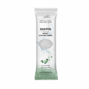 Oshibori Moist Terry Cotton Refreshment Towels (25 Pack, 8 x 8 Inches) - White Scented Pre-moistened Towel to Use Hot or Cold (Eucalyptus)