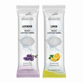 Oshibori Moist Terry Cotton Refreshment Towels (50 Pack, 8 x 8 Inches) - White Mildly Scented Pre-moistened Towel to Use Hot or Cold - Lemon & Lavender Scent Bundle of 25 each
