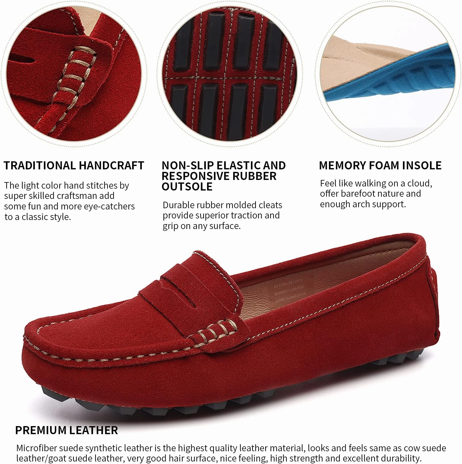 Osslue Women's Suede Leather Casual Penny Loafers Retro Ladies Moccasins Driving Mocs Comfort Slip-On Fashion Boat Shoes Classic Flats