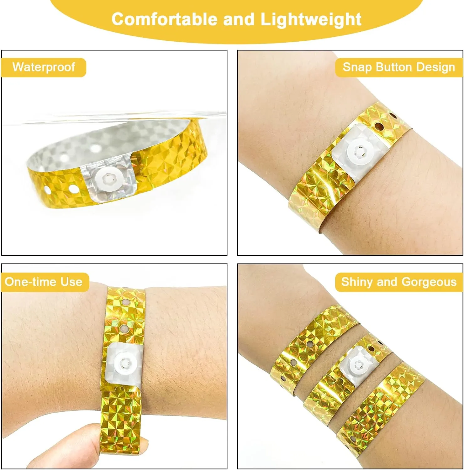 Ouchan Holographic Plastic Party Wristbands Gold - 500 Pack Vinyl Wristbands for Events Club Music Meeting