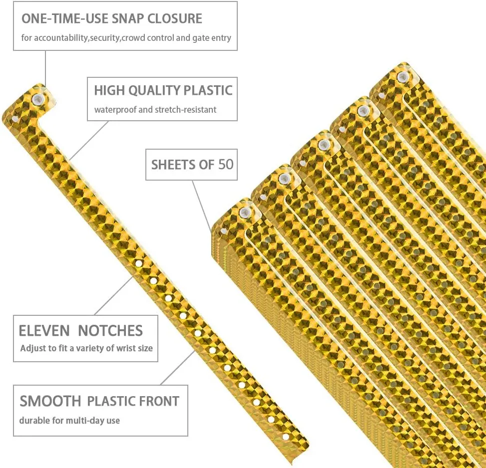 Ouchan Holographic Plastic Party Wristbands Gold - 500 Pack Vinyl Wristbands for Events Club Music Meeting