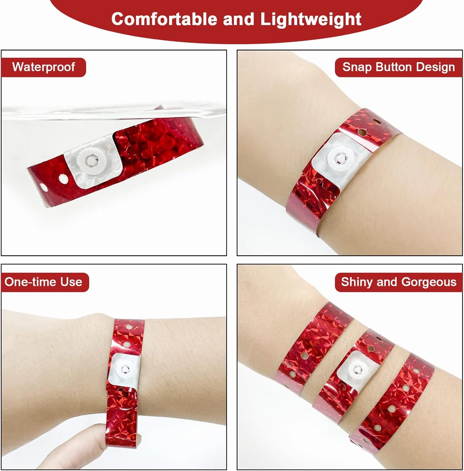 Ouchan Holographic Plastic Party Wristbands Red- 500 Pack Vinyl Wristbands for Events Club Music Meeting