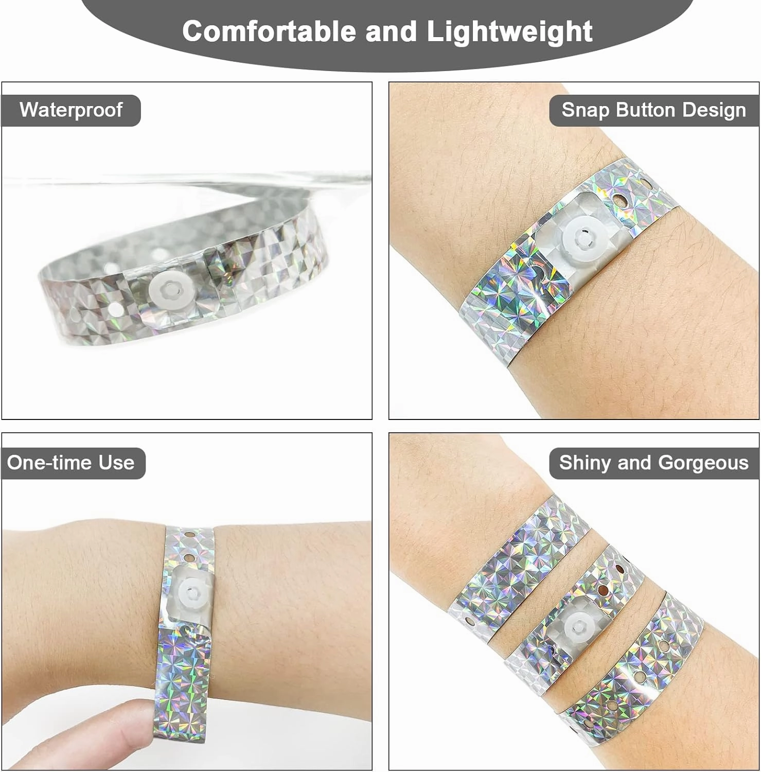 OUCHAN Holographic Plastic Party Wristbands Silver- 500 Pack Vinyl Wristbands for Events Club Music Meeting