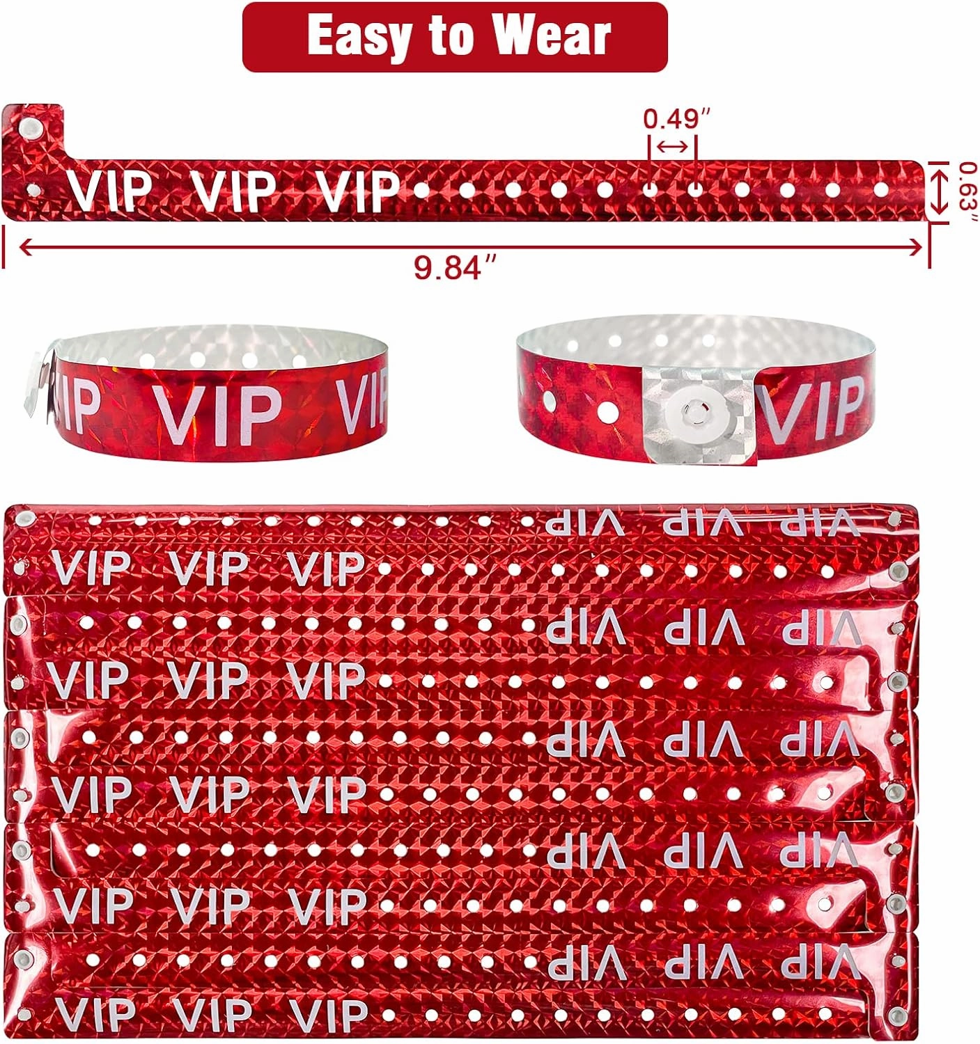 Ouchan Holographic VIP Plastic Party Wristbands Red - 500 Pack Vinyl Wristbands for Events Club Music Meeting
