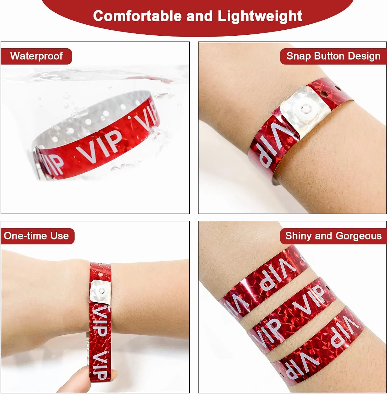 Ouchan Holographic VIP Plastic Party Wristbands Red - 500 Pack Vinyl Wristbands for Events Club Music Meeting