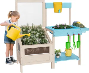 Outdoor Mud Kitchen for Kids, Wood Play Kitchen with Faucet, Sink, Trowels, Rake & Plant Pots, Kids Potting Bench with Viewer Window, Gardening Tools Set for Boys Girls 3-8