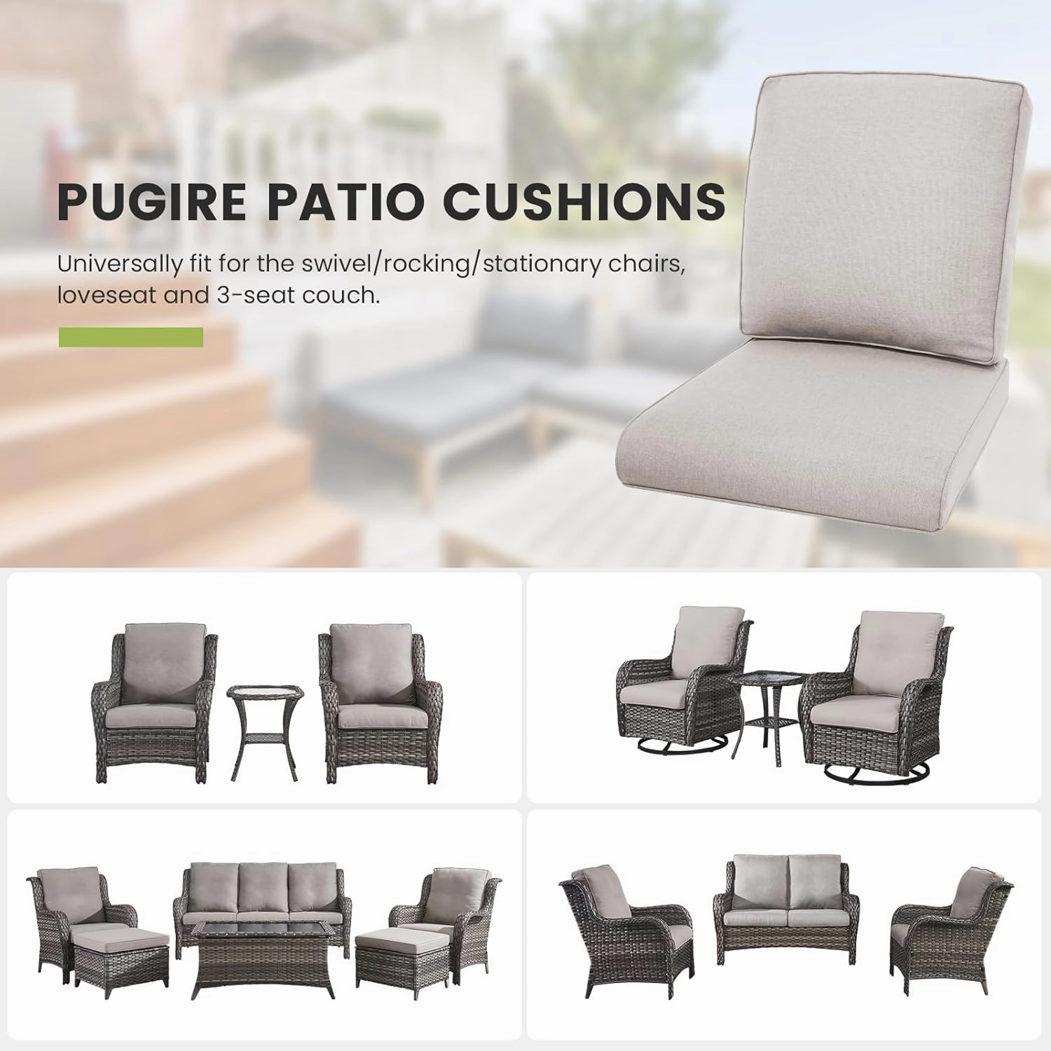 Outdoor Chair Cushions Set of 3 - Outside Durable Thick Replacement Back and Seat Cushion 22x24 with Zipper Cover for Patio Glider Rocking Chairs Loveseat Couch – Beige/Classic