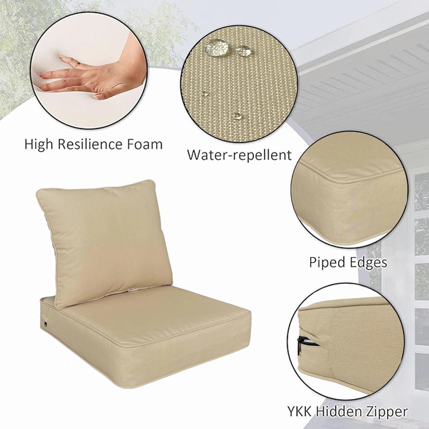 Outdoor/Indoor 24x24 inch Deep Seat Patio Cushions Set of 2 Resilient Foam Filling Water Repellent Stain-Resistant UV Resistant Weather Resistant Patio Cushions Beige