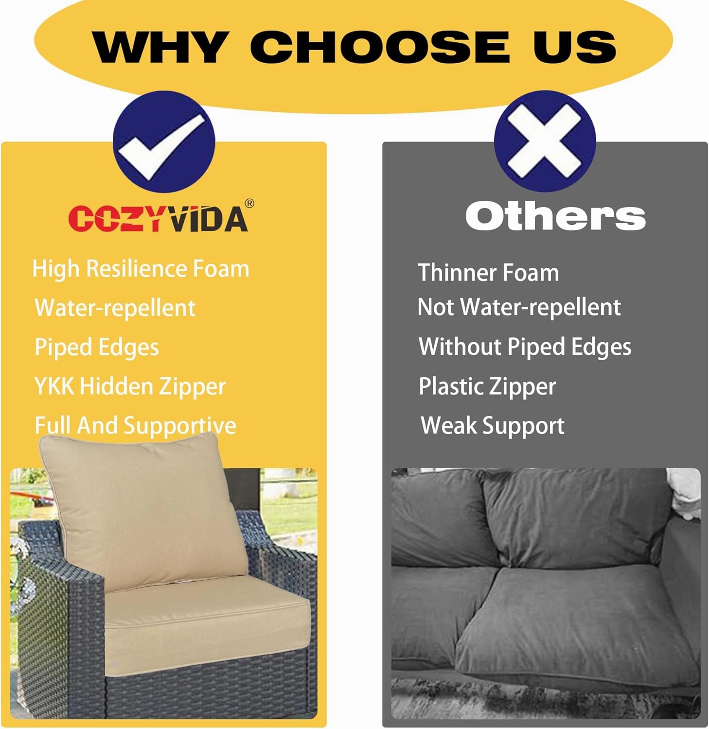 Outdoor/Indoor 24x24 inch Deep Seat Patio Cushions Set of 2 Resilient Foam Filling Water Repellent Stain-Resistant UV Resistant Weather Resistant Patio Cushions Beige
