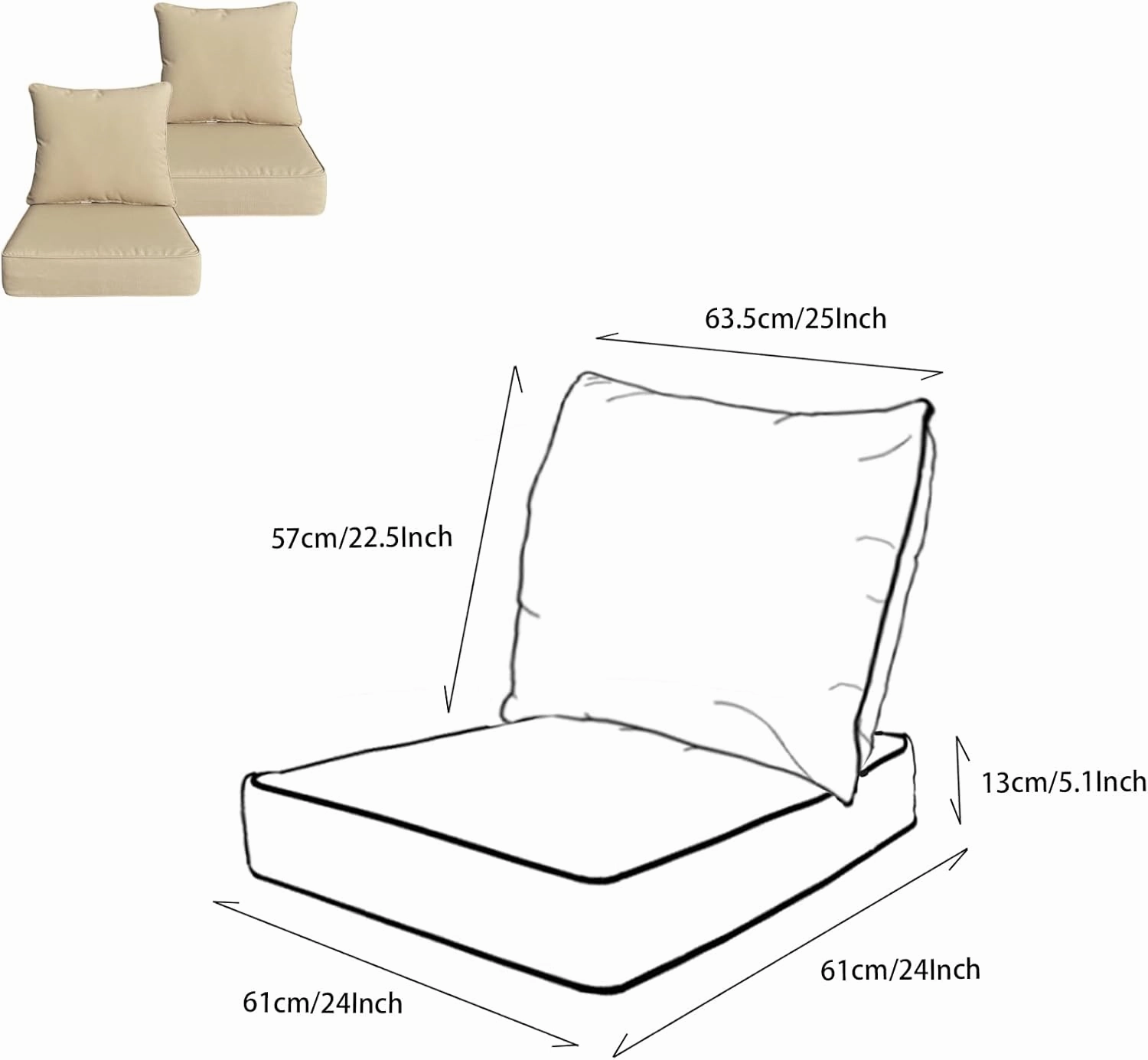 Outdoor/Indoor 24x24 inch Deep Seat Patio Cushions Set of 2 Resilient Foam Filling Water Repellent Stain-Resistant UV Resistant Weather Resistant Patio Cushions Beige