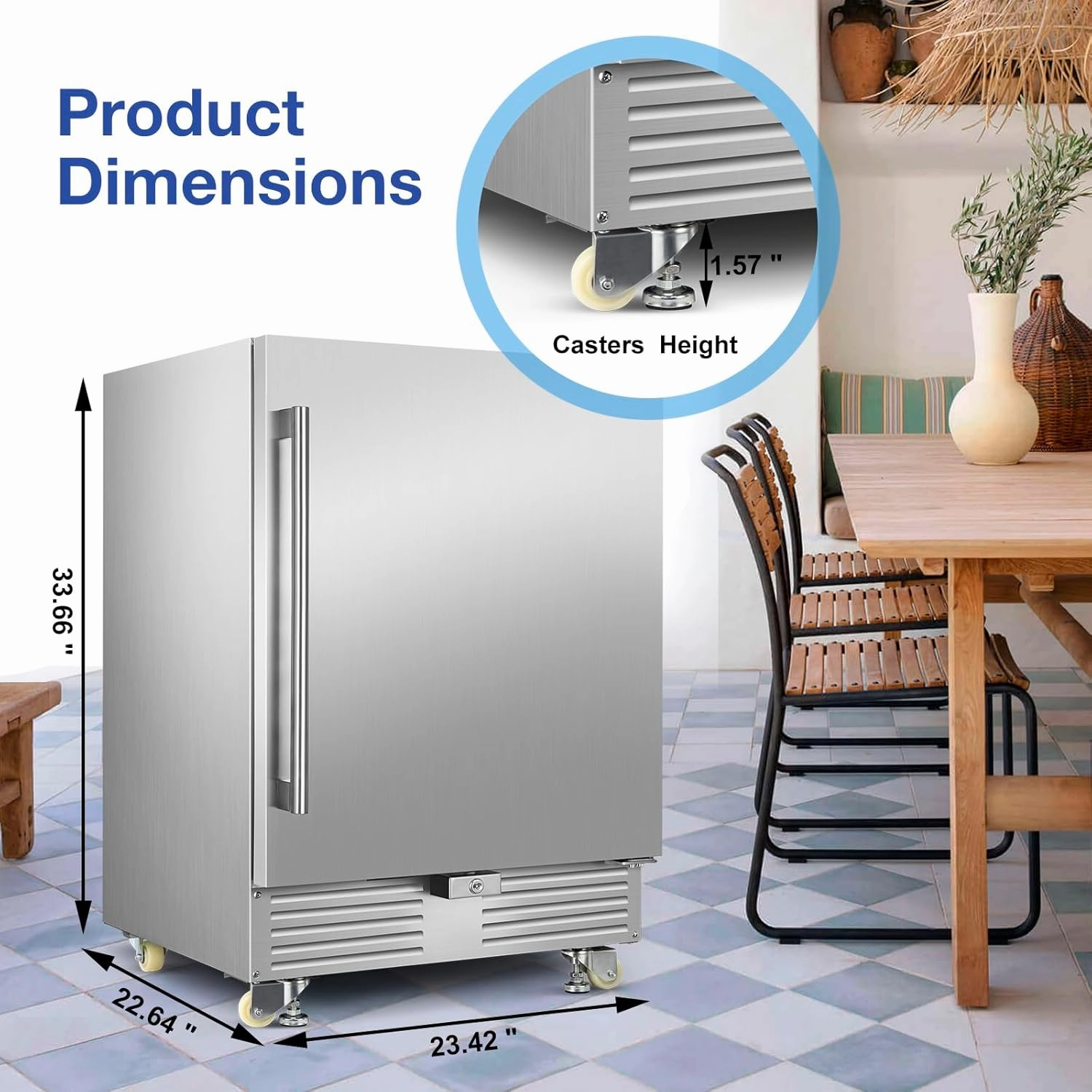 Outdoor Refrigerator 24 Inch, Undercounter Beverage Fridge with Wheels, 180 Cans Waterproof Stainless Steel Fridge for Outdoor Kitchen and Patio