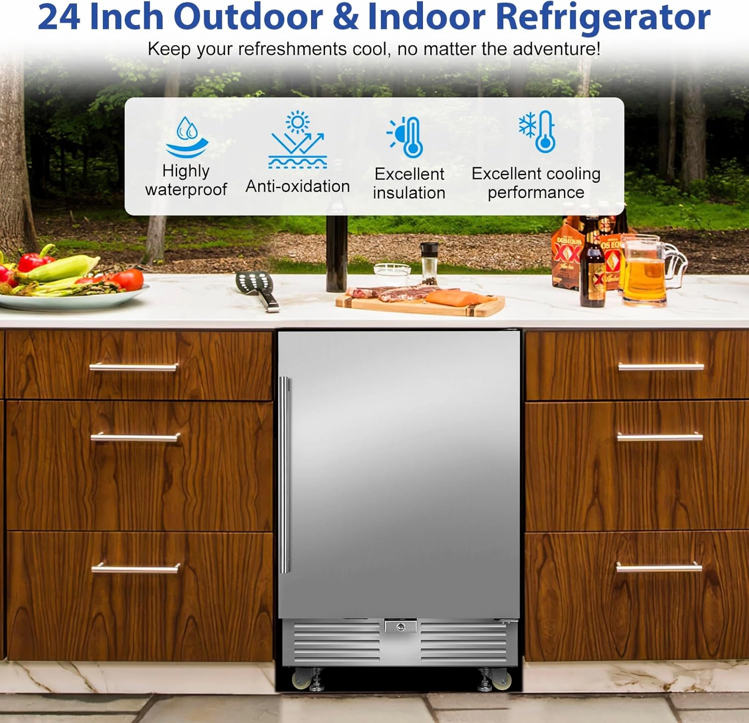 Outdoor Refrigerator 24 Inch, Undercounter Beverage Fridge with Wheels, 180 Cans Waterproof Stainless Steel Fridge for Outdoor Kitchen and Patio
