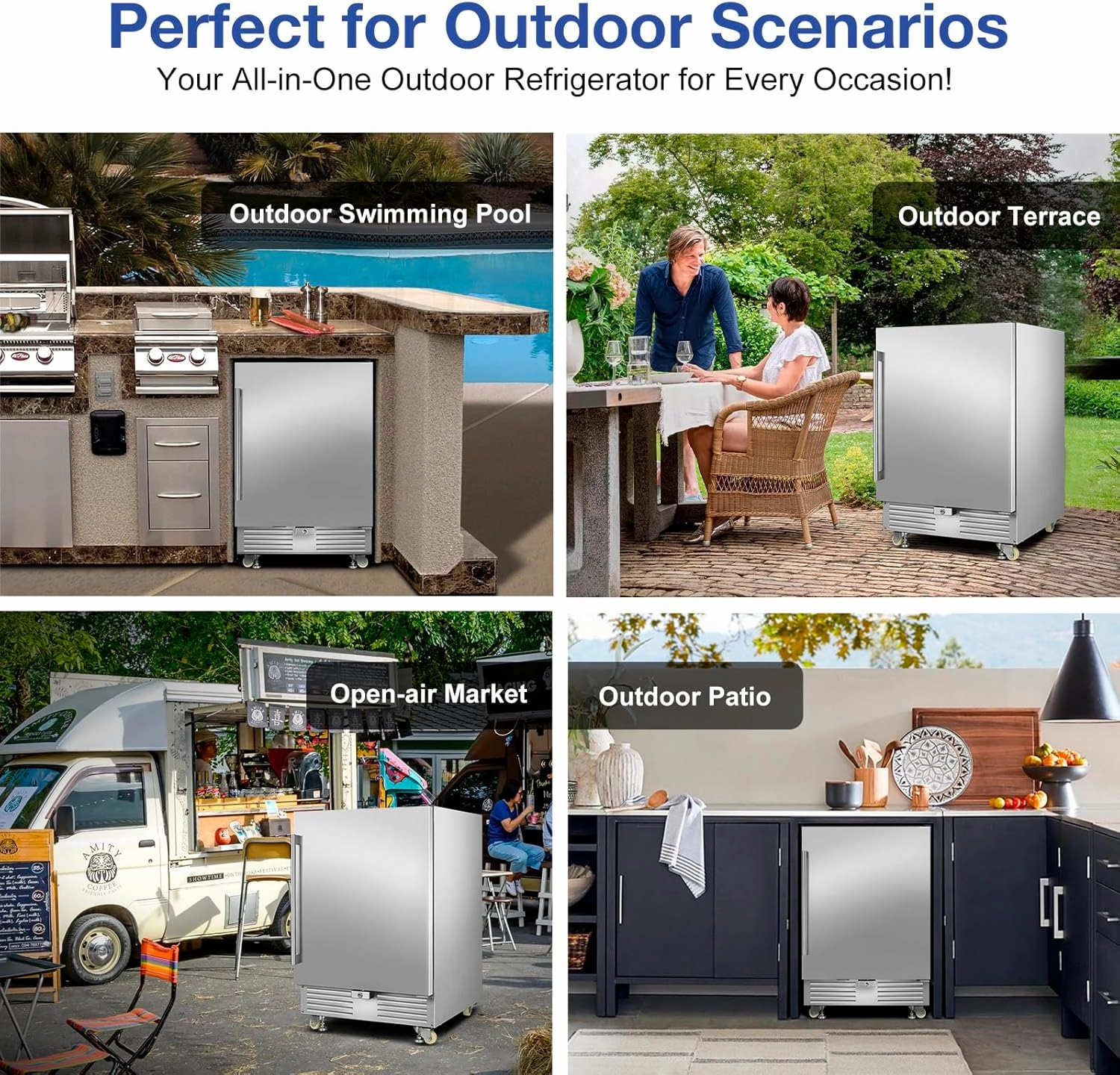 Outdoor Refrigerator 24 Inch, Undercounter Beverage Fridge with Wheels, 180 Cans Waterproof Stainless Steel Fridge for Outdoor Kitchen and Patio