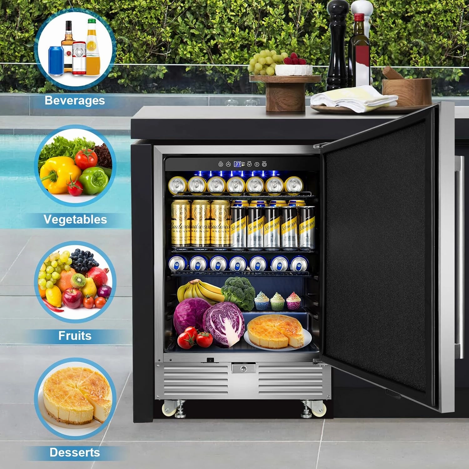 Outdoor Refrigerator 24 Inch, Undercounter Beverage Fridge with Wheels, 180 Cans Waterproof Stainless Steel Fridge for Outdoor Kitchen and Patio
