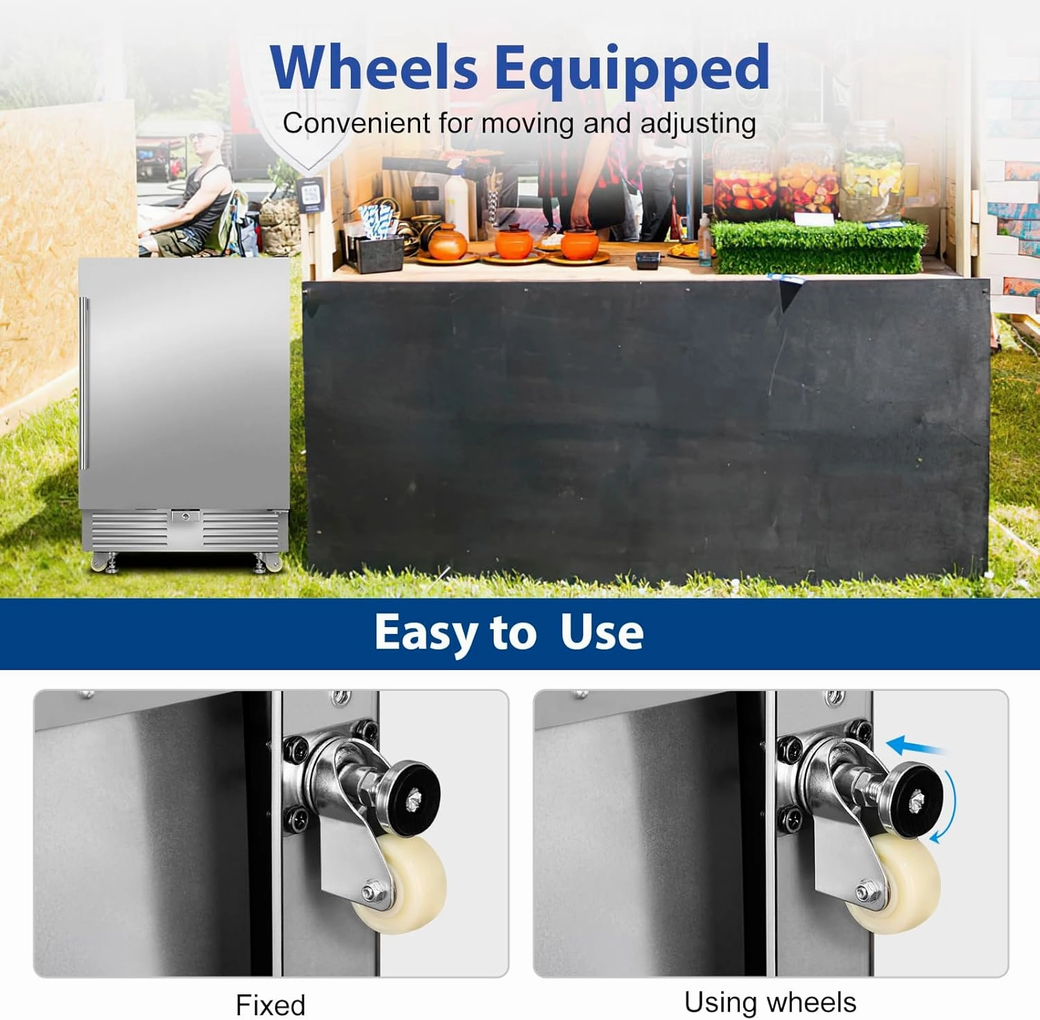 Outdoor Refrigerator 24 Inch, Undercounter Beverage Fridge with Wheels, 180 Cans Waterproof Stainless Steel Fridge for Outdoor Kitchen and Patio