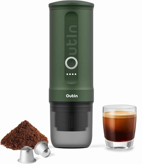 OutIn Nano Portable Electric Espresso Machine, Travel Coffee Maker for Camping, Car Coffee Maker Self-Heating with USB-C, With Ground Coffee & NS Capsule for RV, Hiking, Office