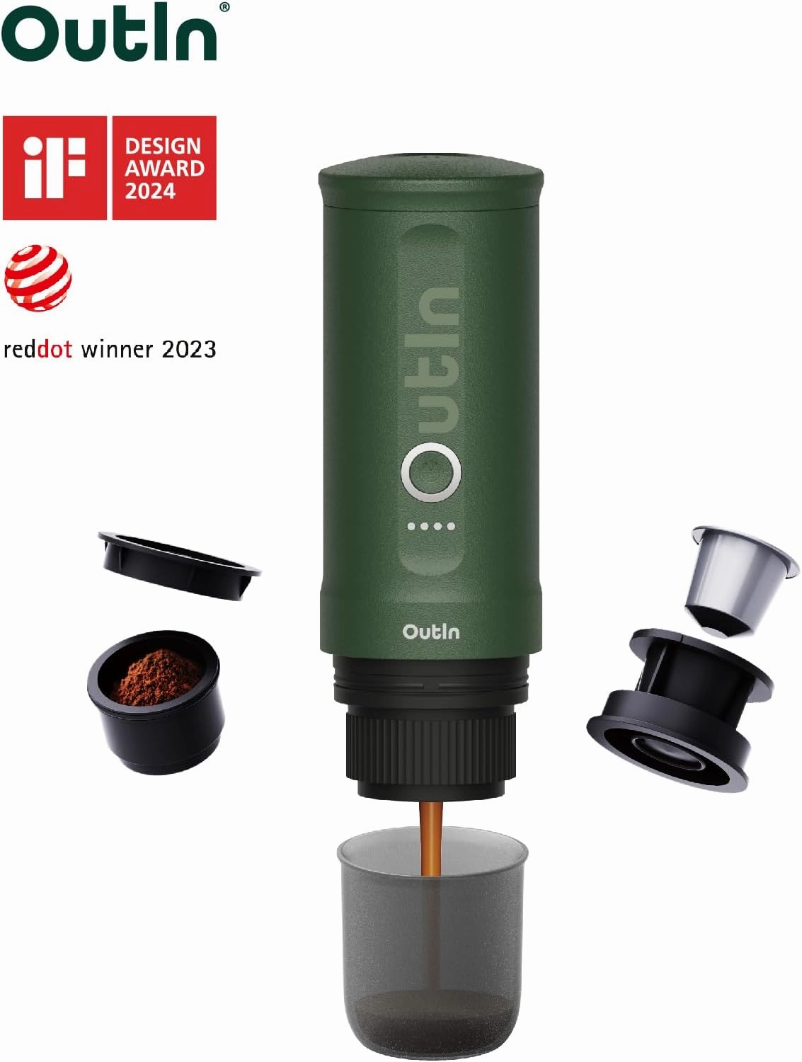 OutIn Nano Portable Electric Espresso Machine, Travel Coffee Maker for Camping, Car Coffee Maker Self-Heating with USB-C, With Ground Coffee & NS Capsule for RV, Hiking, Office