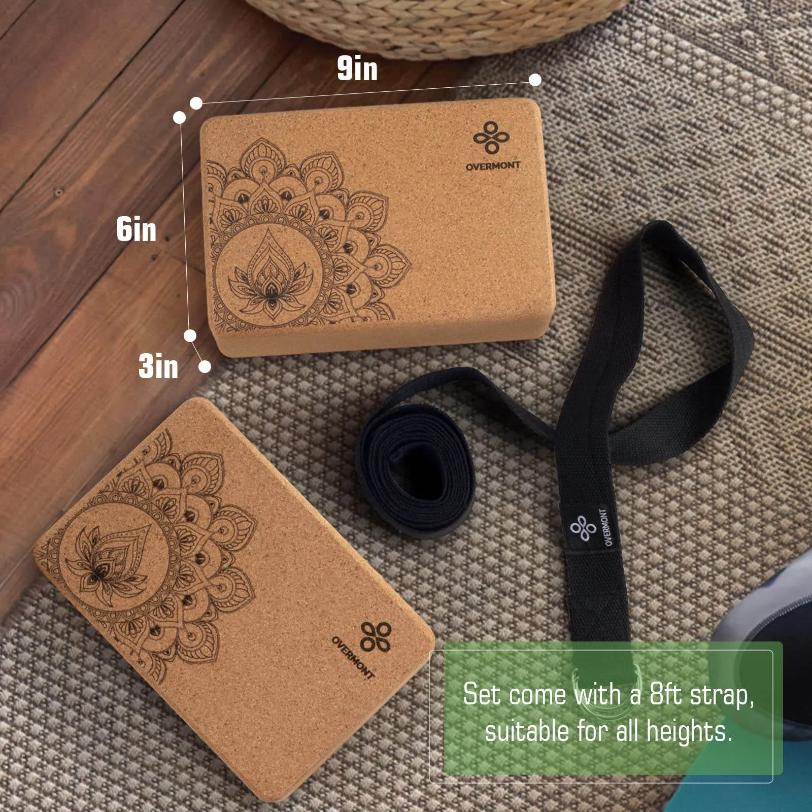 Overmont Cork Yoga Blocks 2 pack with 8ft Strap Set Natural Cork Yoga Bricks- High Density & Eco Friendly Yoga Accessories for Women - Ideal for Yoga Pilates General Fitness and Stretching 9x6x3''