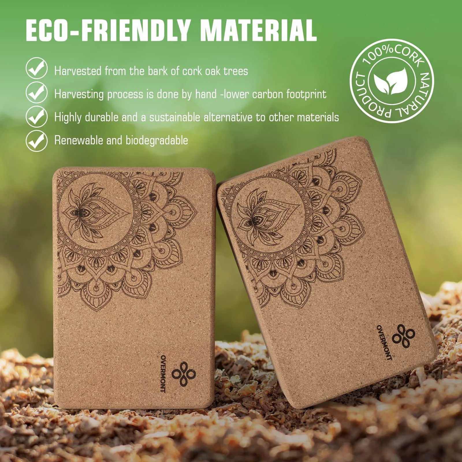 Overmont Cork Yoga Blocks 2 pack with 8ft Strap Set Natural Cork Yoga Bricks- High Density & Eco Friendly Yoga Accessories for Women - Ideal for Yoga Pilates General Fitness and Stretching 9x6x3''