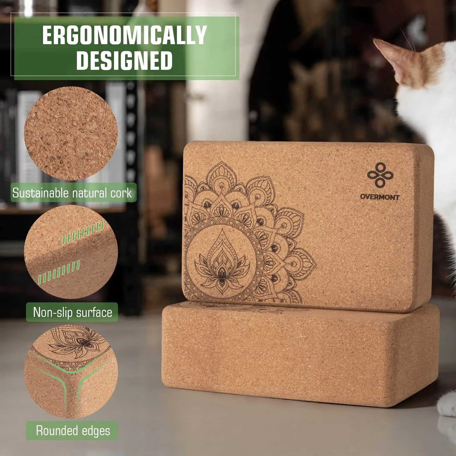 Overmont Cork Yoga Blocks 2 pack with 8ft Strap Set Natural Cork Yoga Bricks- High Density & Eco Friendly Yoga Accessories for Women - Ideal for Yoga Pilates General Fitness and Stretching 9x6x3''