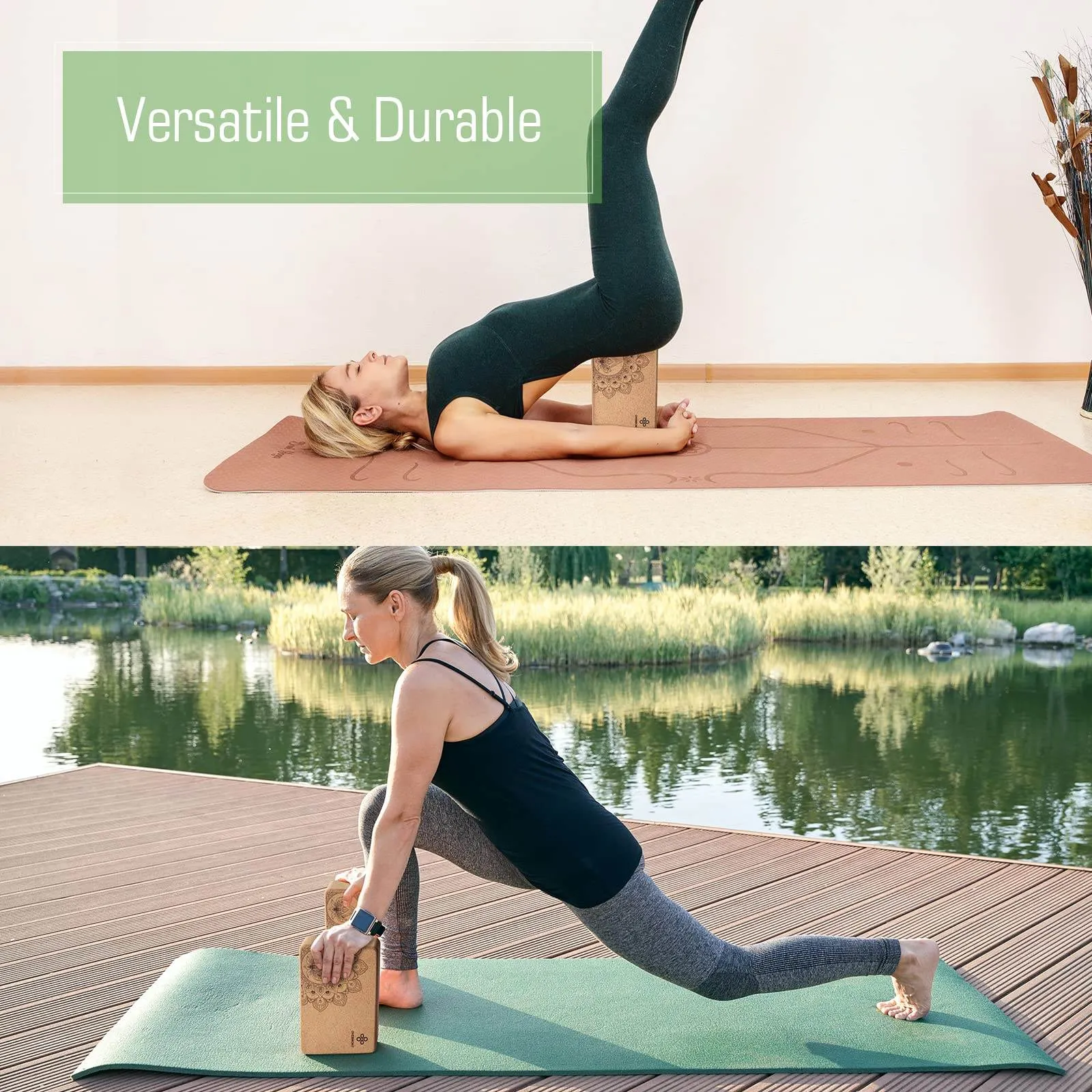 Overmont Cork Yoga Blocks 2 pack with 8ft Strap Set Natural Cork Yoga Bricks- High Density & Eco Friendly Yoga Accessories for Women - Ideal for Yoga Pilates General Fitness and Stretching 9x6x3''
