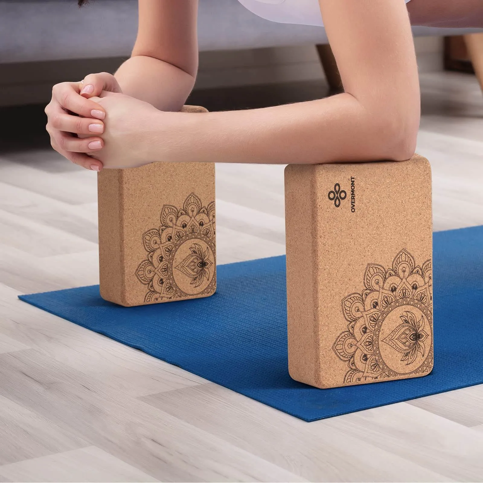 Overmont Cork Yoga Blocks 2 pack with 8ft Strap Set Natural Cork Yoga Bricks- High Density & Eco Friendly Yoga Accessories for Women - Ideal for Yoga Pilates General Fitness and Stretching 9x6x3''