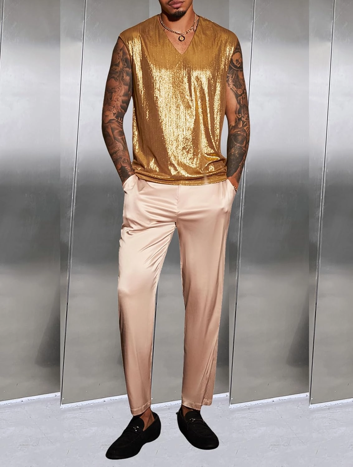 OYOANGLE Men's Metallic V Neck Tank Top Disco Shiny Party Night Out Sleeveless Shirts Clubwear