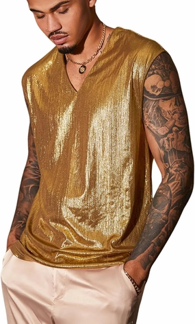 OYOANGLE Men's Metallic V Neck Tank Top Disco Shiny Party Night Out Sleeveless Shirts Clubwear