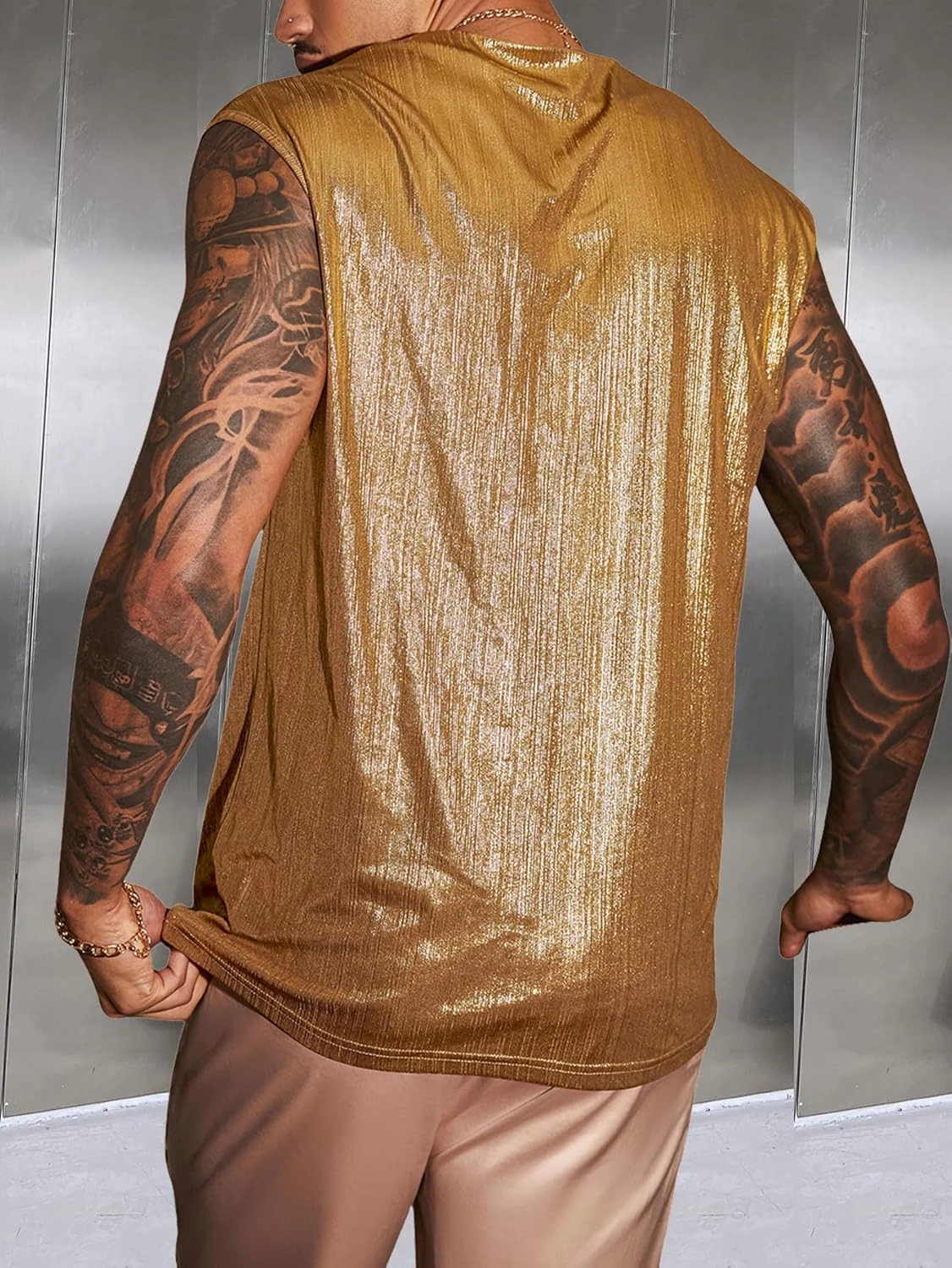 OYOANGLE Men's Metallic V Neck Tank Top Disco Shiny Party Night Out Sleeveless Shirts Clubwear