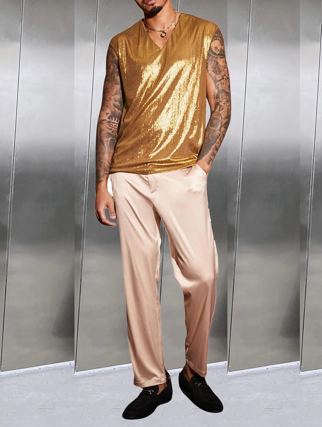 OYOANGLE Men's Metallic V Neck Tank Top Disco Shiny Party Night Out Sleeveless Shirts Clubwear