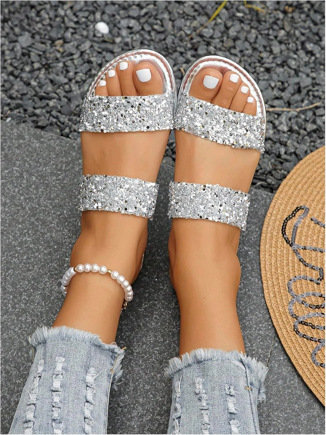 OYOANGLE Women's Metallic Sequin Sandals Double Straps Open Toe Slide On Flats Sparkly Outdoor Sandals